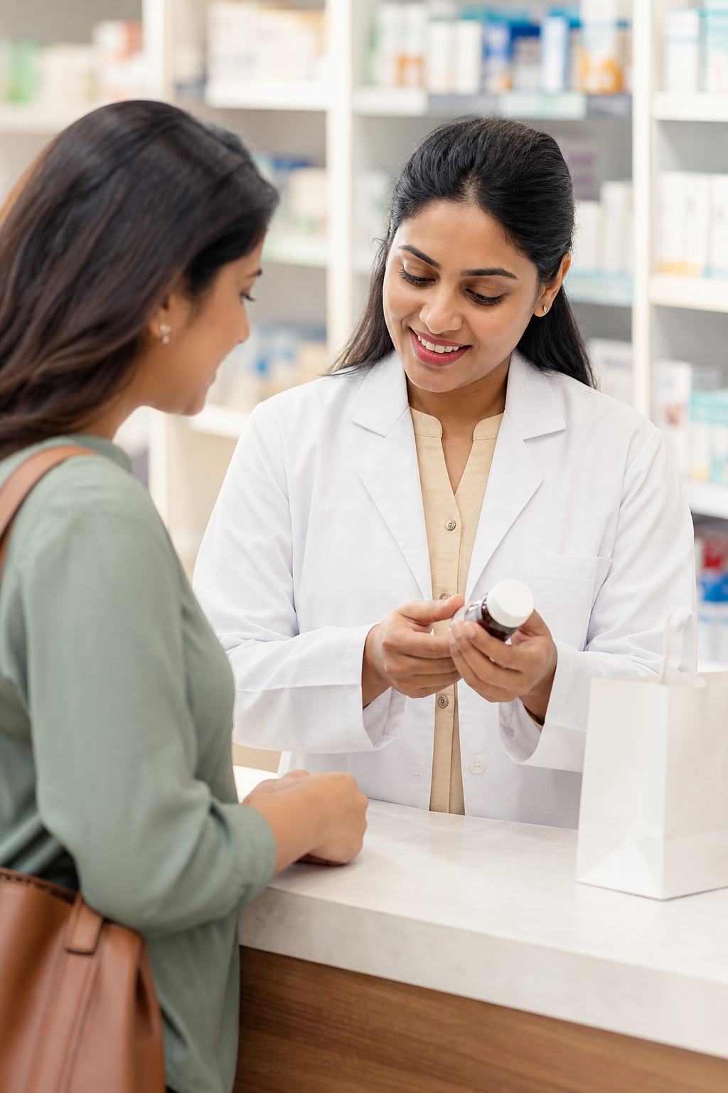 A pharmacist providing attentive medicine support to a customer