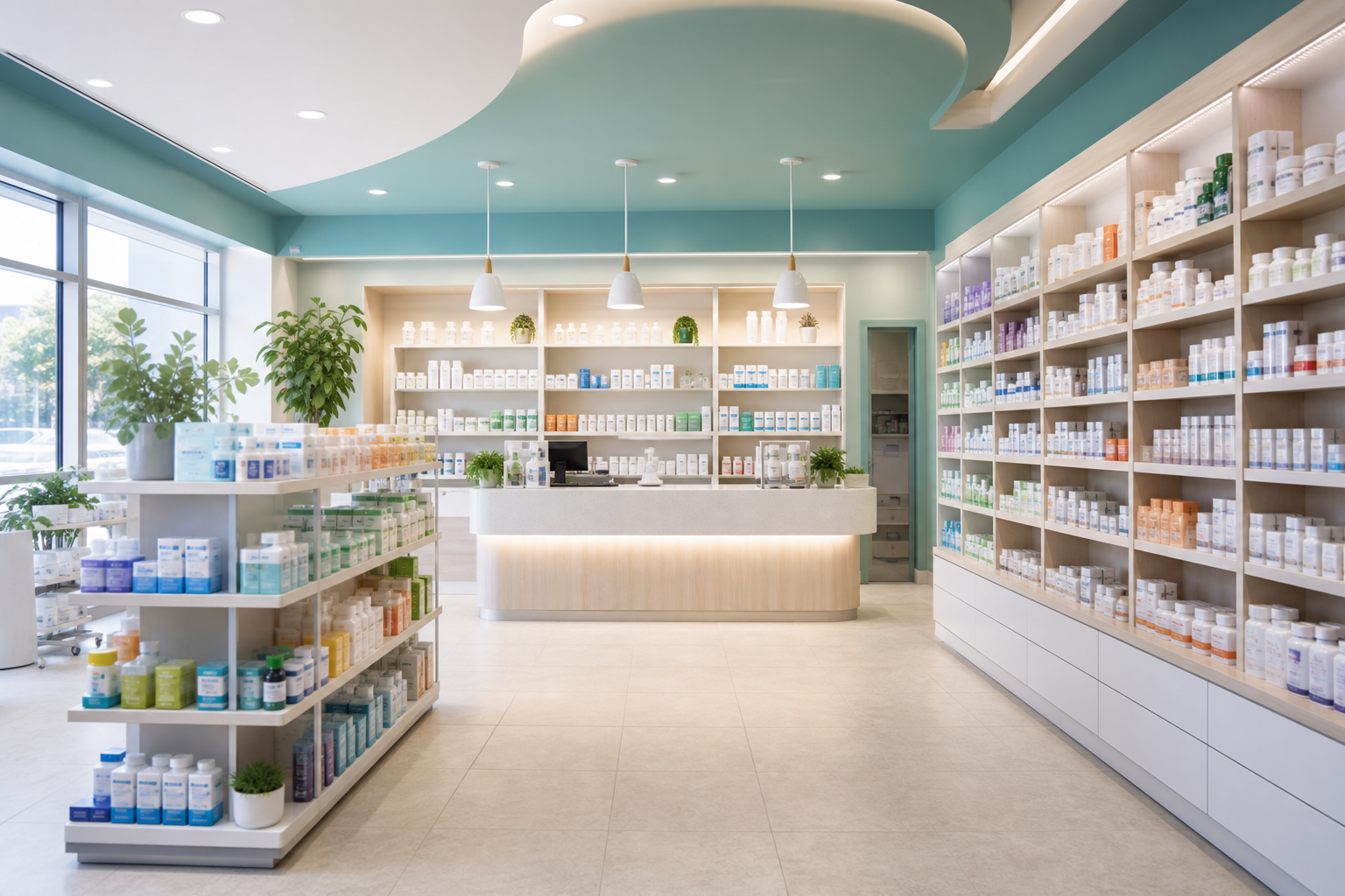 A bright, modern pharmacy interior with organised wellness shelves
