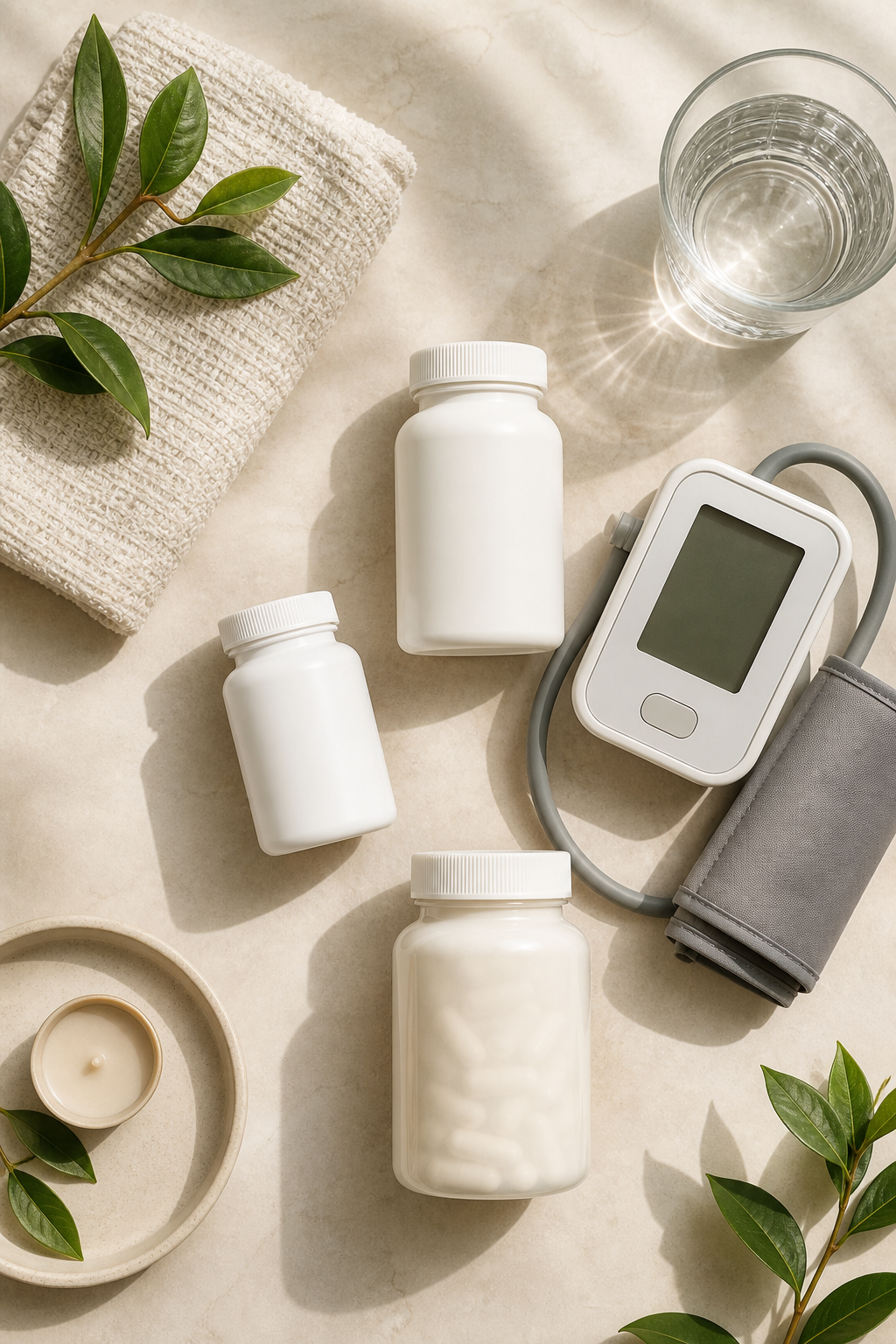 Wellness essentials and a blood pressure monitor arranged on a light surface